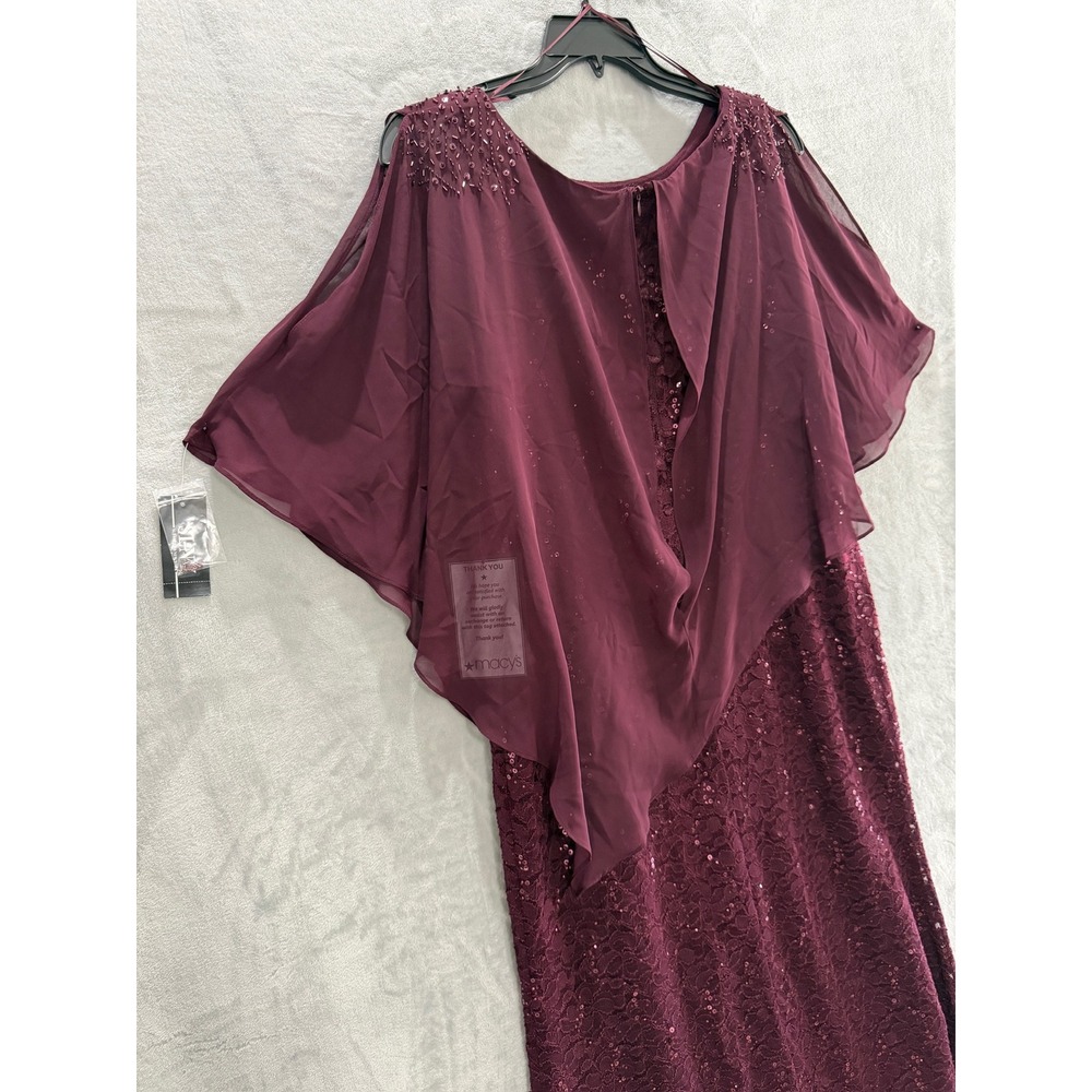 NWT SLNY Evening Gown Women Plum Sequin Lace Chiffon Cape Overlay Dress 14W $169 - Picture 13 of 16